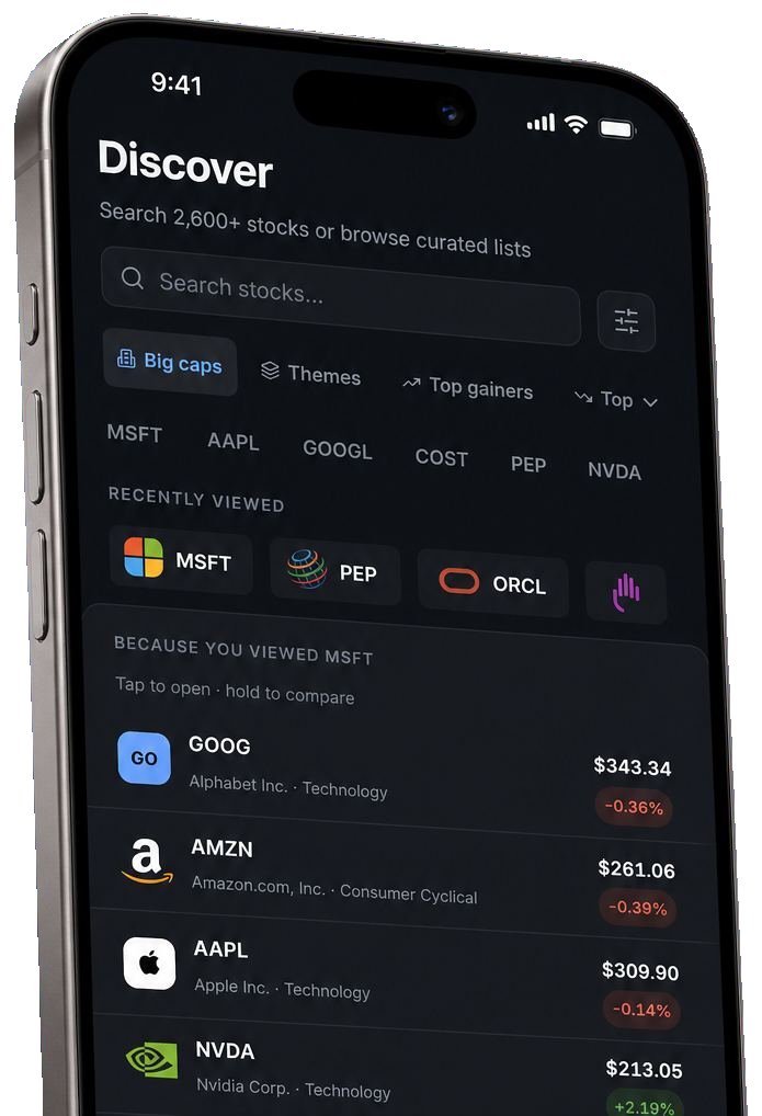 Discover screen with big-cap stocks
